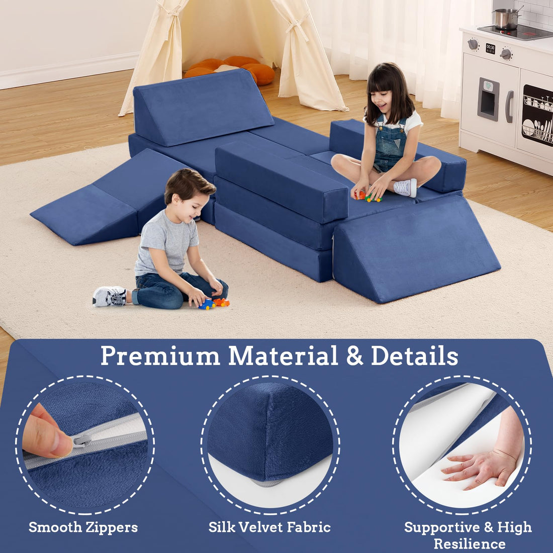 Garvee Canapé modulable enfant type Nugget, 12 pièces multifonctions, sûr et confortable, bleu marine, idéal pour salle de jeux et chambre d’enfant