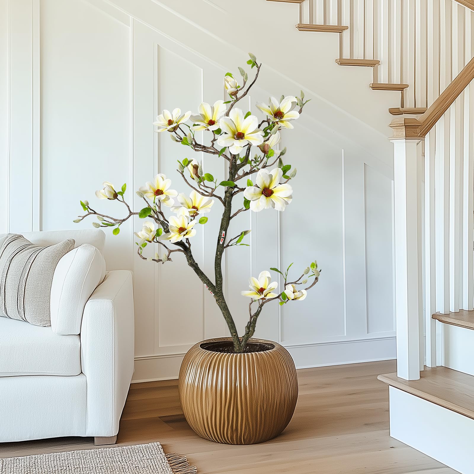 Magnolia artificiel Garvee blanc de 1,20 m avec branches ajustables pour une utilisation intérieure et extérieure, bureau et maison, matériau de haute qualité, base stable