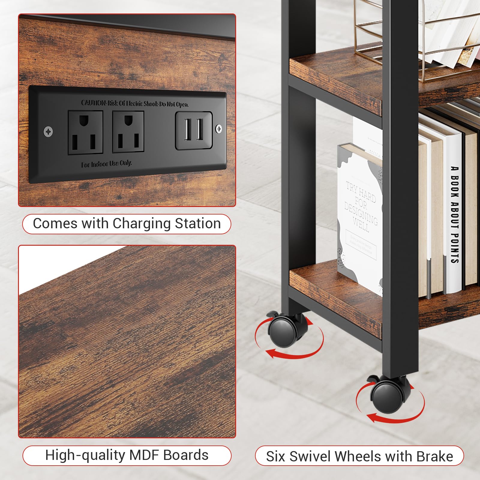 Garvee table d'appoint pivotante à 360° avec station de charge, 6 roulettes, MDF et métal, salon et chambre, noire