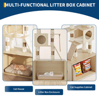 Arbre à chat Garvee 170 cm avec bac à litière et station de gamelle, grand griffoir pour salon, coussins lavables, beige