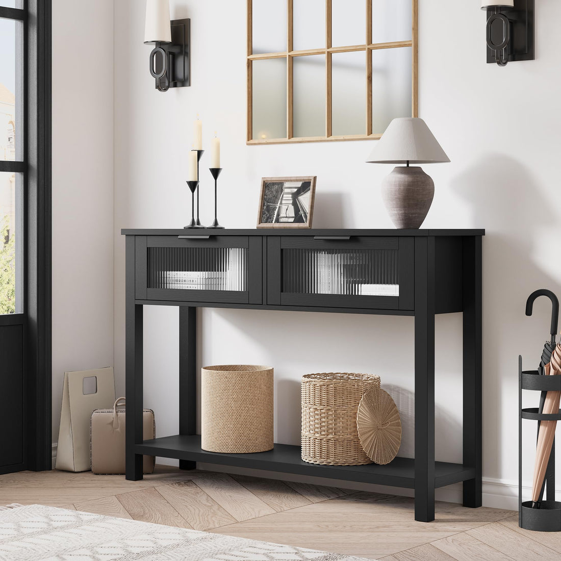 Garvee Console en MDF Noir avec 2 Tiroirs à Façades en Verre, L. 110 × P. 30 × H. 80 cm, Meuble de Rangement pour Salon et Entrée