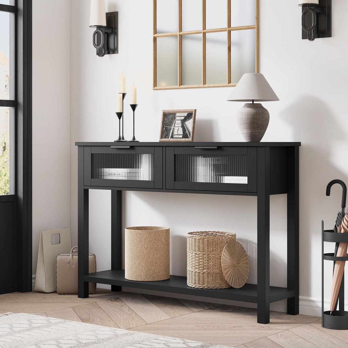 Garvee Console en MDF Noir avec 2 Tiroirs à Façades en Verre, L. 110 × P. 30 × H. 80 cm, Meuble de Rangement pour Salon et Entrée
