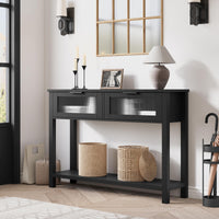 Garvee Console en MDF Noir avec 2 Tiroirs à Façades en Verre, L. 110 × P. 30 × H. 80 cm, Meuble de Rangement pour Salon et Entrée