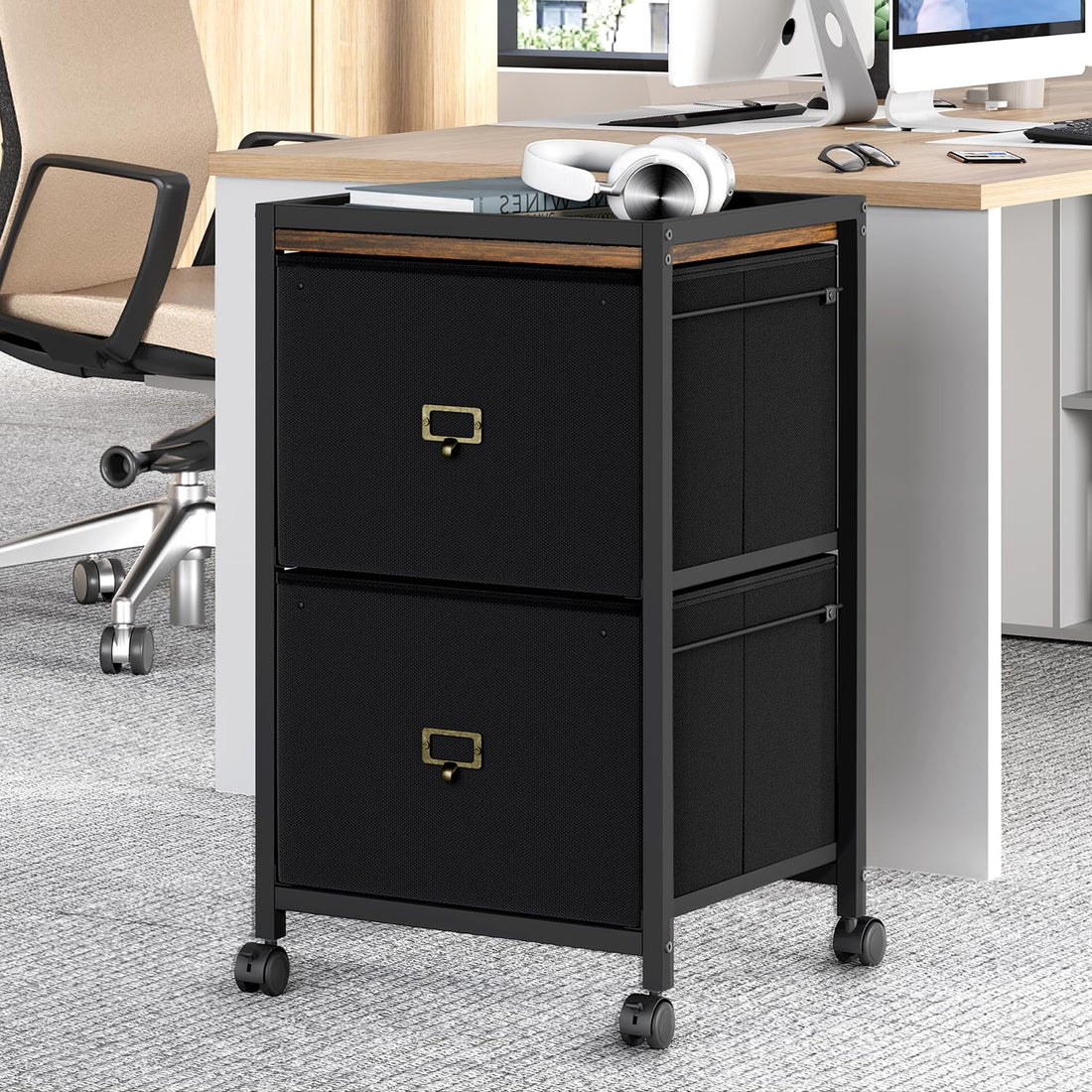 Garvee Caisson de classement mobile 2 tiroirs en tissu, cadre métal, plateau MDF, imperméable et anticorrosion, roulettes, idéal bureau maison
