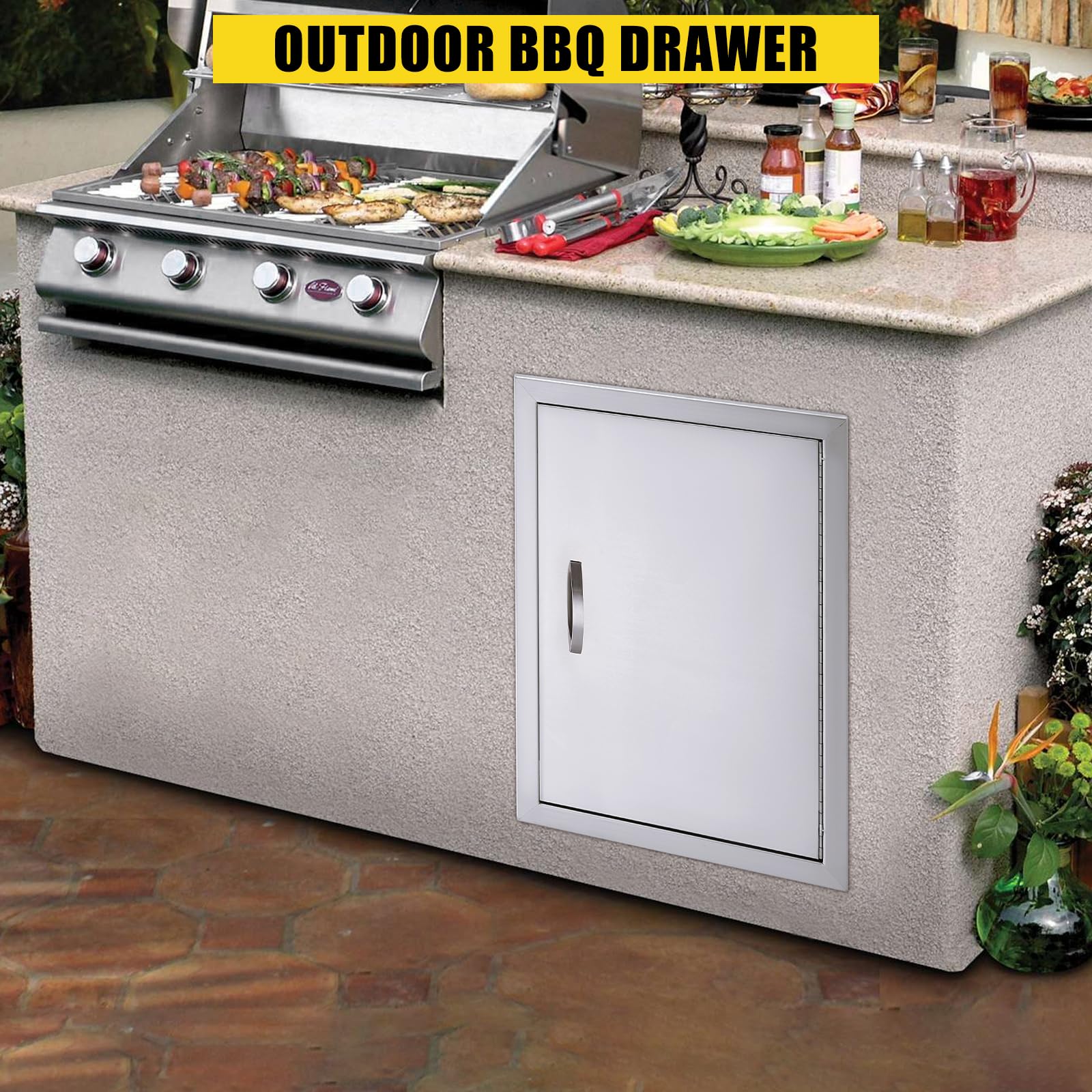 Porte d'accès pour barbecue Garvee 17 x 24 pouces, acier inoxydable 304, résistante aux intempéries, porte simple avec poignée encastrée et fermeture magnétique, station de grillade pour cuisine extérieure