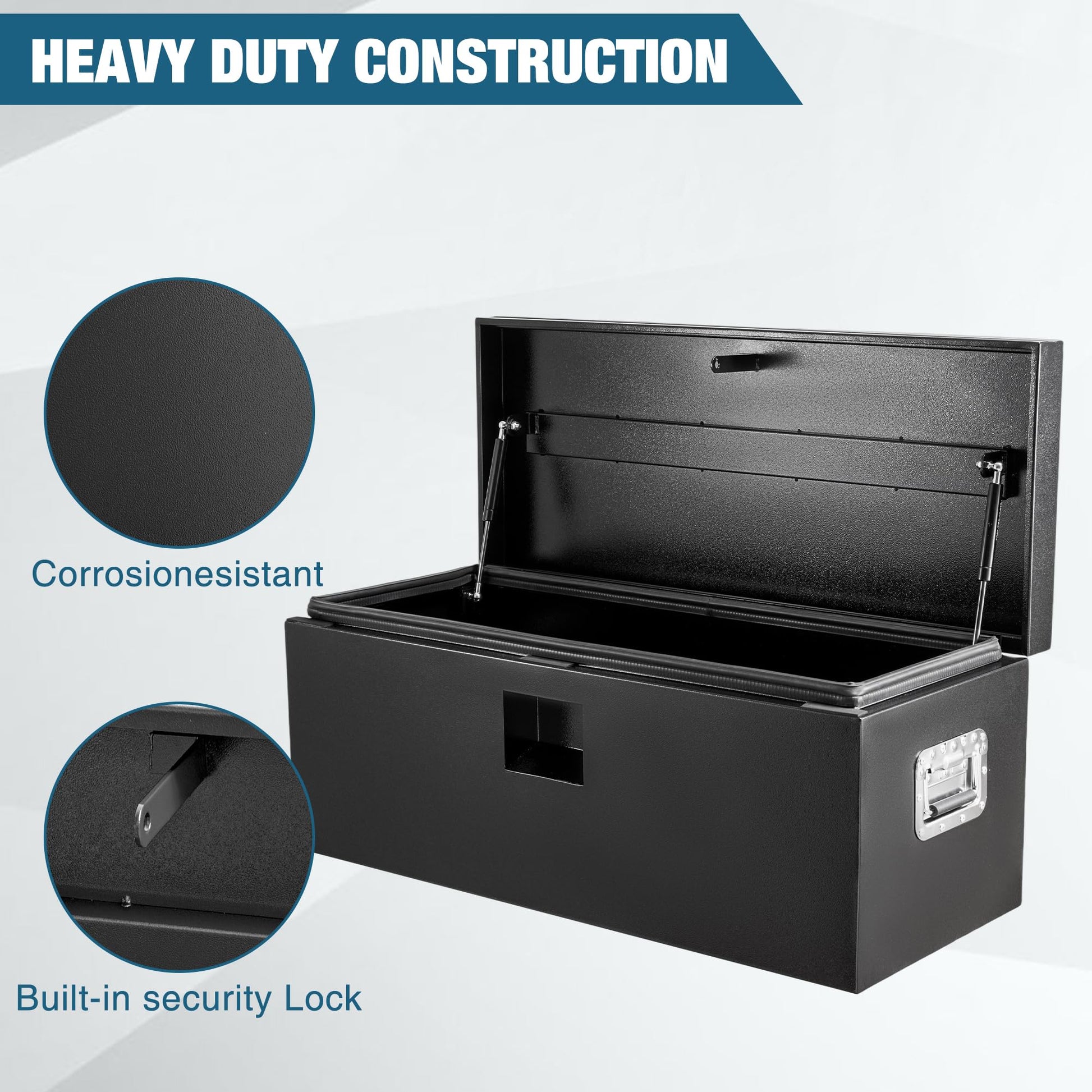 Coffre à outils Garvee en acier noir pour camion, acier de calibre 12, couvercle pneumatique, résistant aux intempéries, rangement pour remorques et véhicules récréatifs, 24 po x 15 po x 15 po
