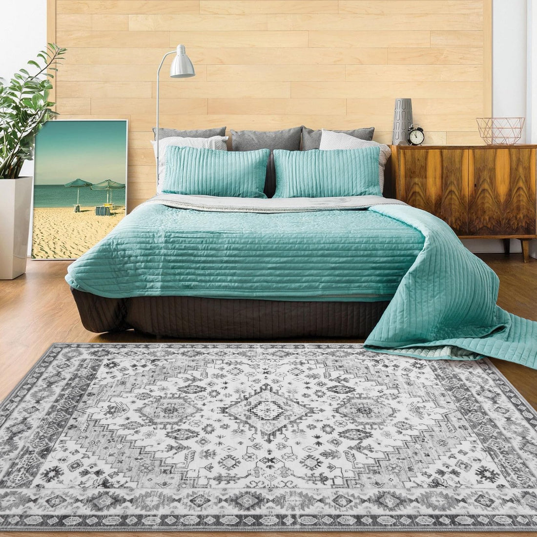 Tapis Garvee gris, grand format, 240 x 340 cm, lavable, style vintage oriental, à poils courts, antidérapant, pour salon ou cuisine.