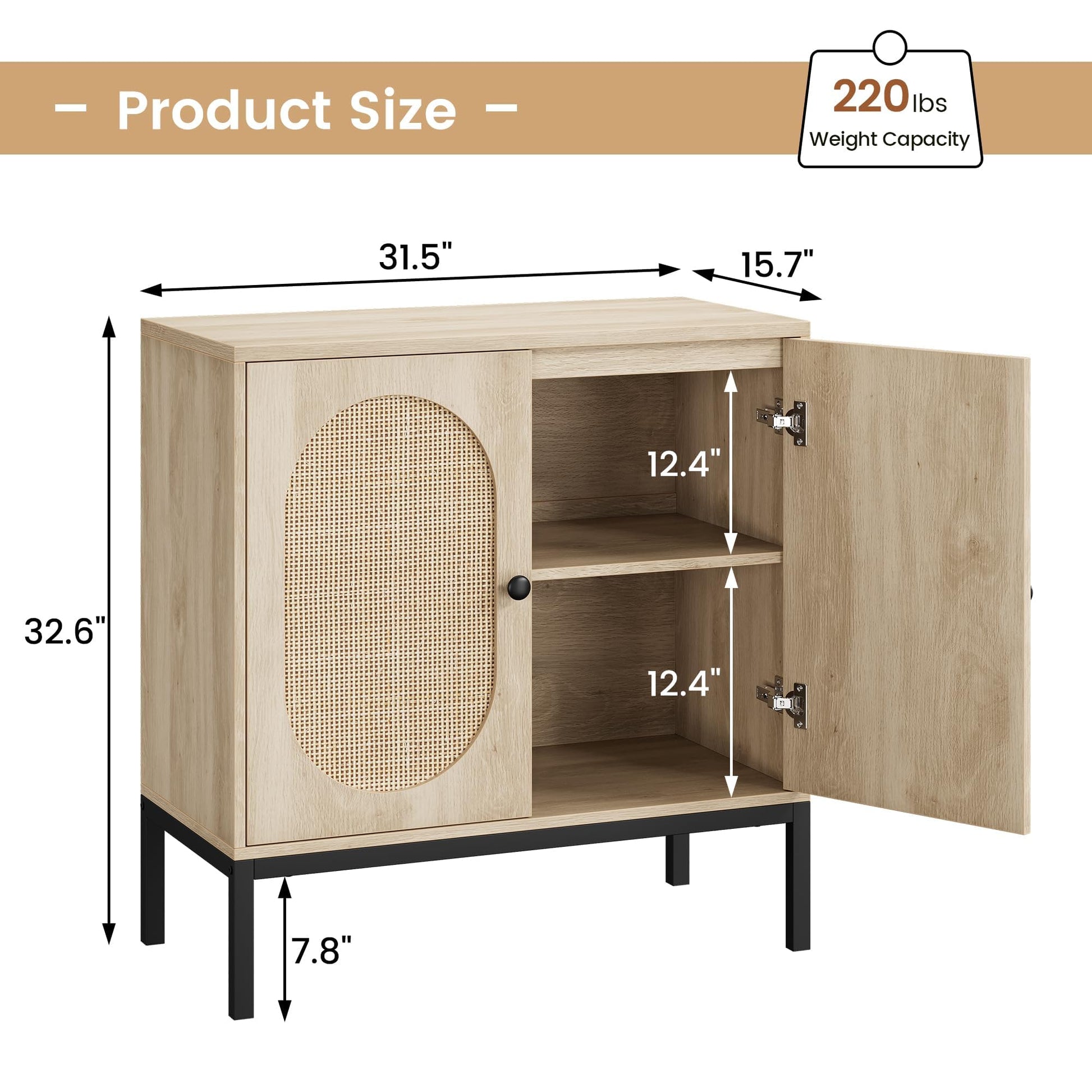 Buffet Garvee avec portes en rotin, double compartiment, pieds en métal, beige, idéal pour le salon et la cuisine.