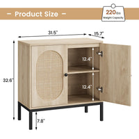 Buffet Garvee avec portes en rotin, double compartiment, pieds en métal, beige, idéal pour le salon et la cuisine.