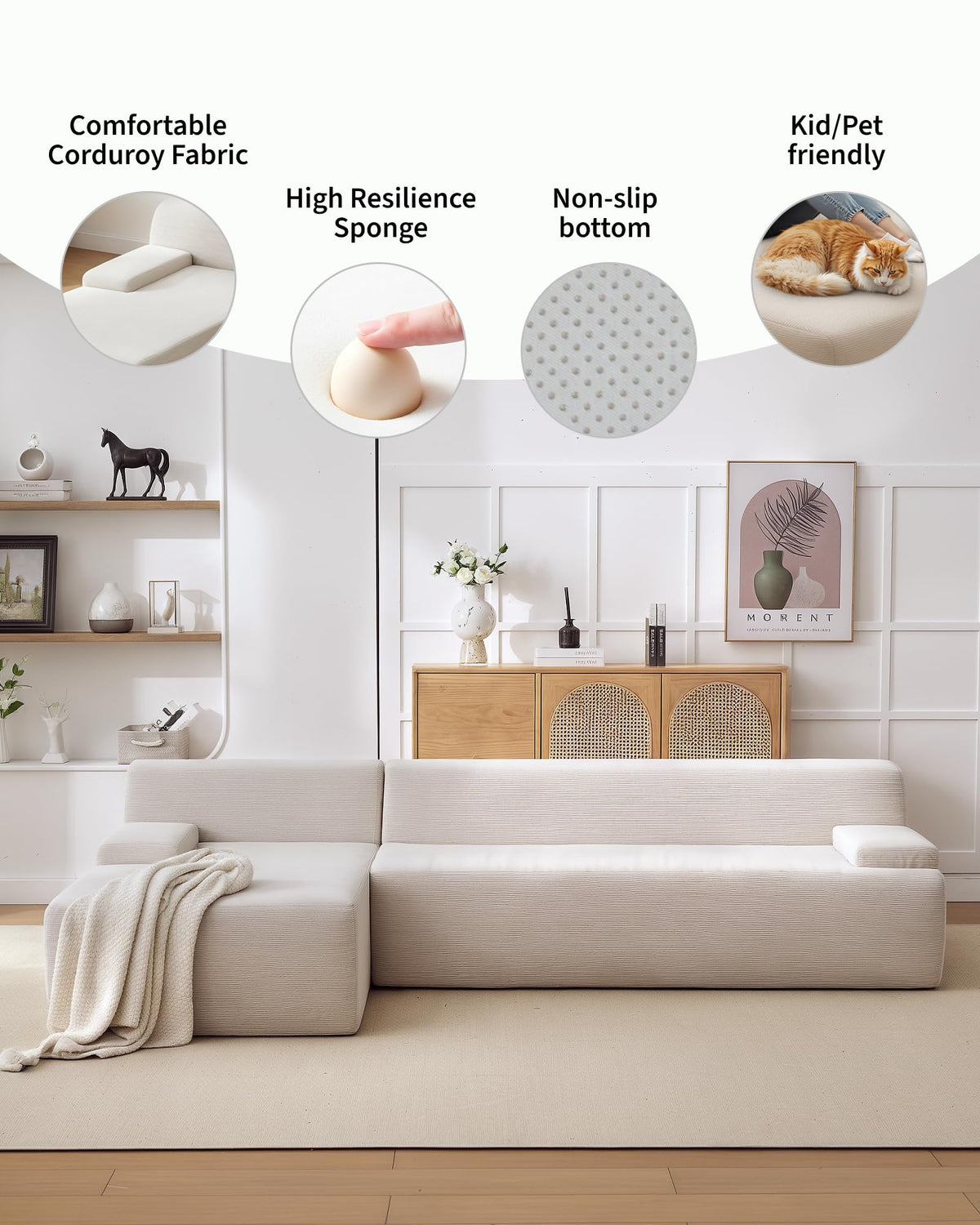 Canapé d'angle Garvee Cloud 108" avec méridienne - Canapé ultra-doux sans ossature, velours côtelé, blanc, salon, en forme de L