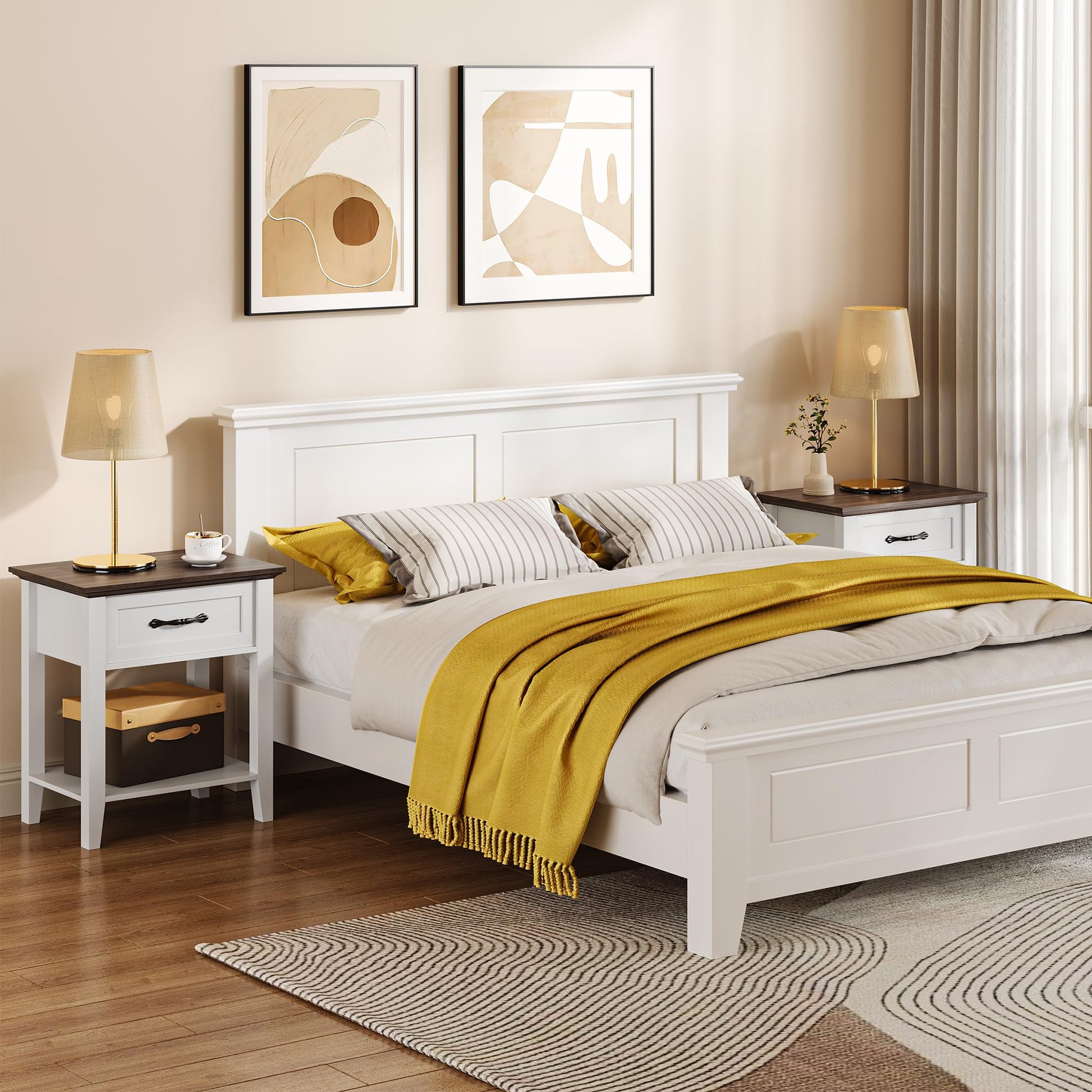 Table d'appoint Garvee avec tiroir, 2 étagères, bois, design moderne, blanc, pour salon et chambre