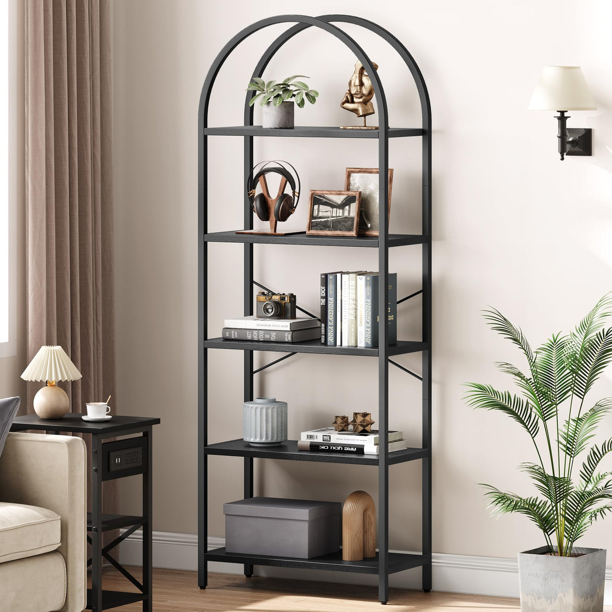 Garvee Étagère à 5 niveaux avec structure en métal, grande étagère ouverte, étagères arquées, noire pour salon et bureau