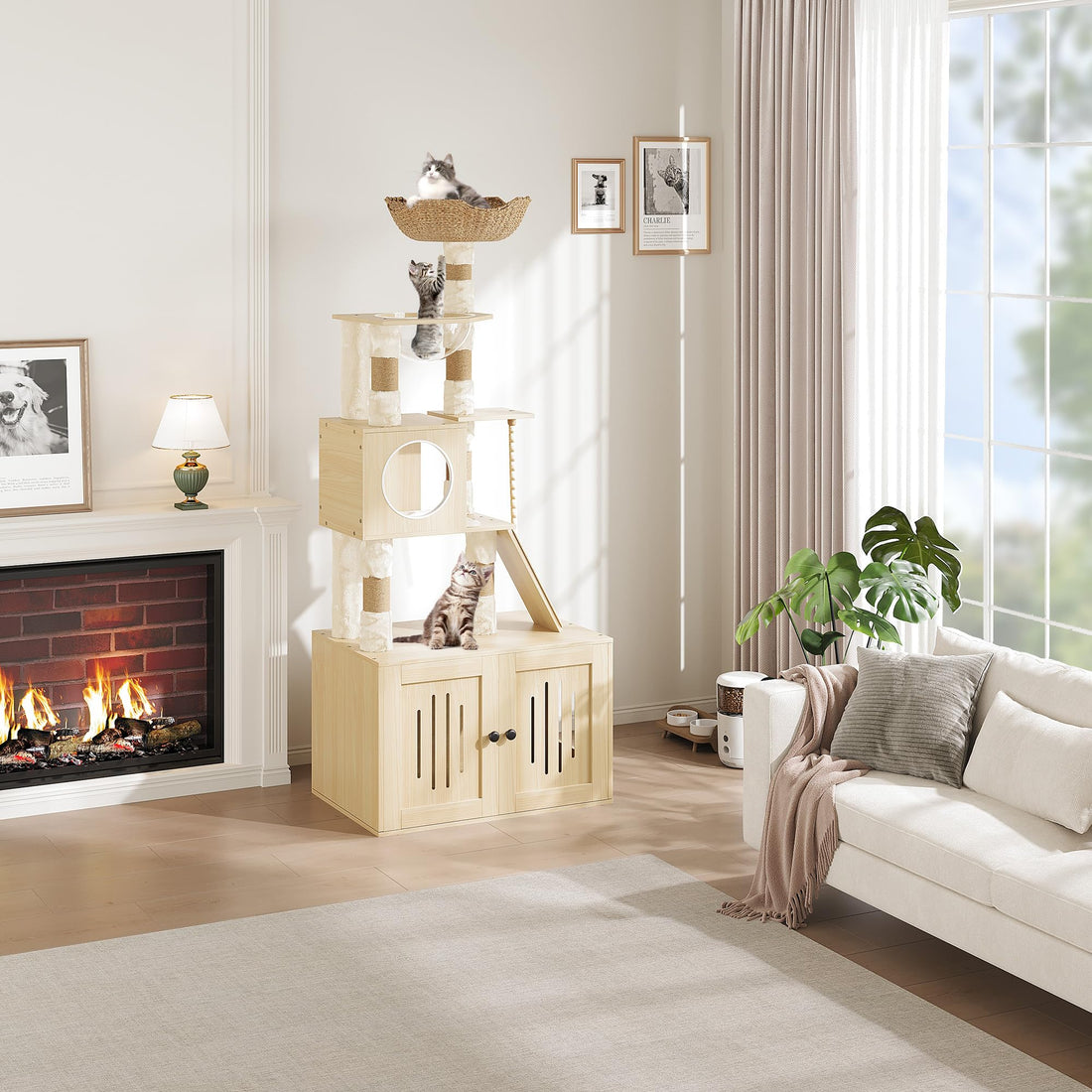 Garvee Arbre à chat 170 cm avec bac à litière et station de gamelle, grand griffoir pour salon, coussins lavables, beige