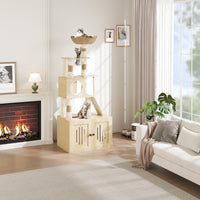 Arbre à chat Garvee 170 cm avec bac à litière et station de gamelle, grand griffoir pour salon, coussins lavables, beige