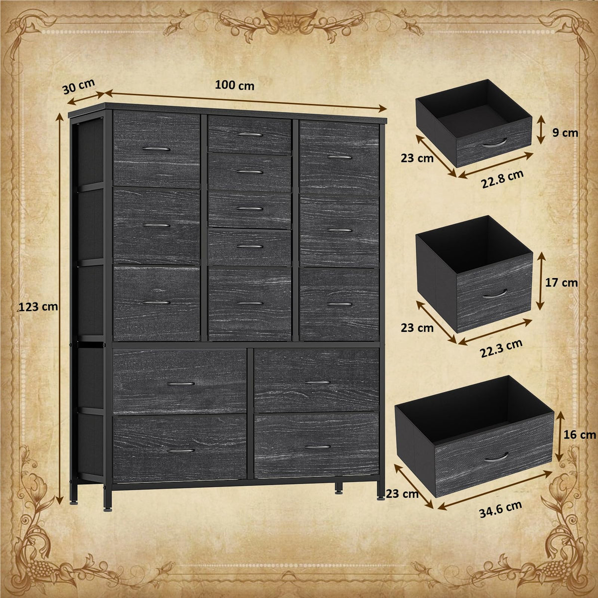 Garvee commode à 15 tiroirs en tissu avec poignées, idéale pour la chambre, le salon ou l'entrée. structure métallique robuste et polyvalente. couleur : gris