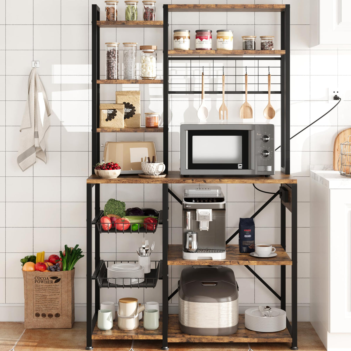 Garvee étagère de boulangerie avec prises électriques, support micro-ondes à 7 niveaux, structure en métal, étagères en bois, 90 × 40 × 178 cm, polyvalente et stable, rouge