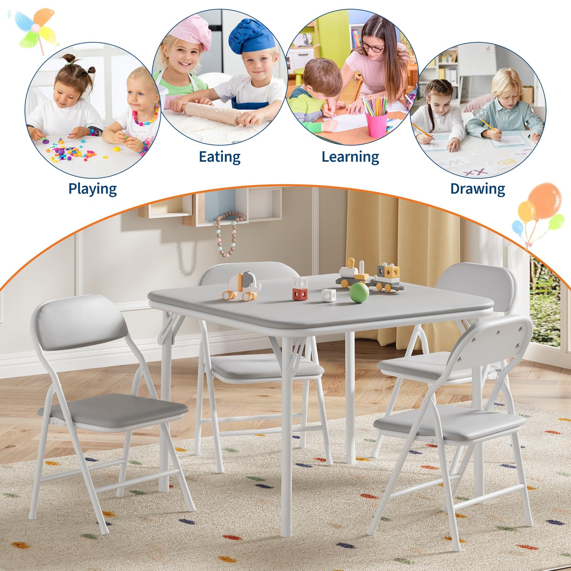 Ensemble table et chaises pliantes 3 pièces Garvee pour enfants, pliable, en cuir PU, structure en métal, léger, idéal pour la salle de jeux et le camping, multicolore