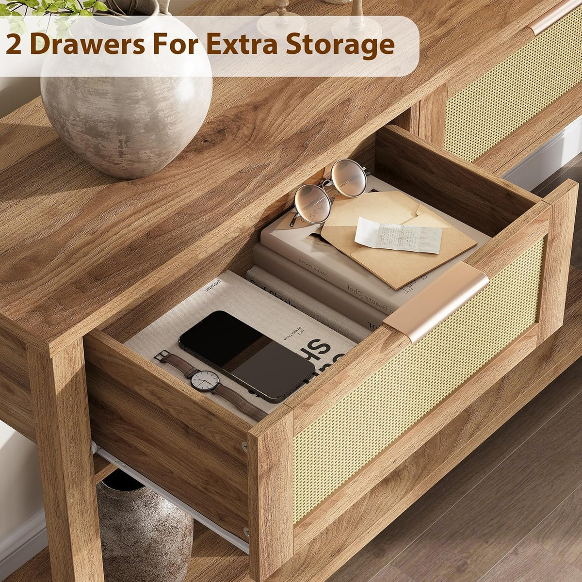 Garvee console style ferme en rotin avec 2 tiroirs et porte coulissante en rotin naturel, idéale pour le salon et l'entrée, 109 × 30 × 79 cm, couleur bois
