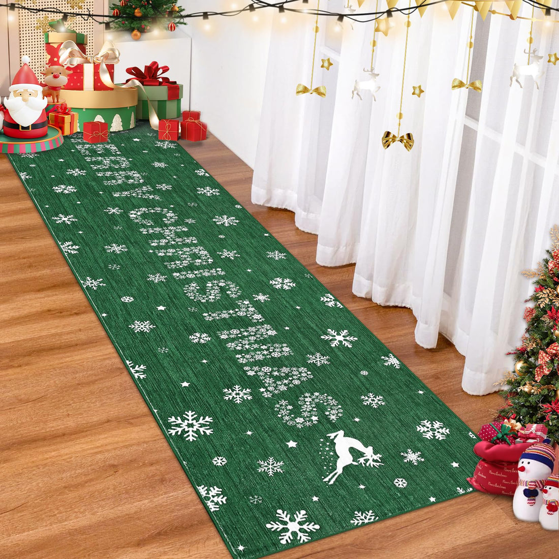 Tapis de Noël Garvee avec motif de cerf, sapin de Noël et flocons de neige, idéal pour couloir, salon ou cuisine, 80 x 150 cm, vert.