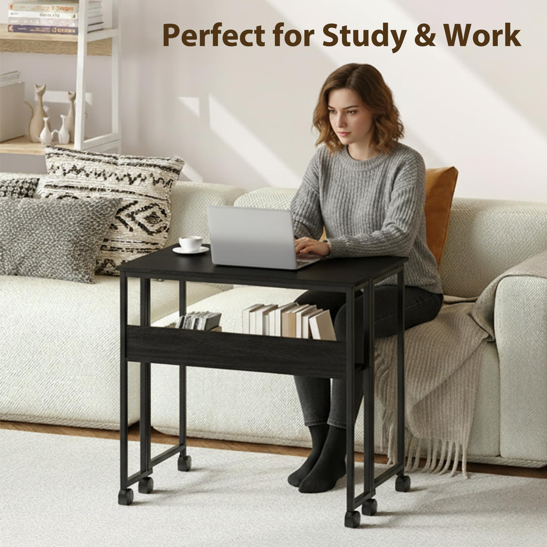 Garvee Table pliante compacte avec roulettes, bureau pliable de 80cm (80cm), structure en acier, étagère de rangement, noire