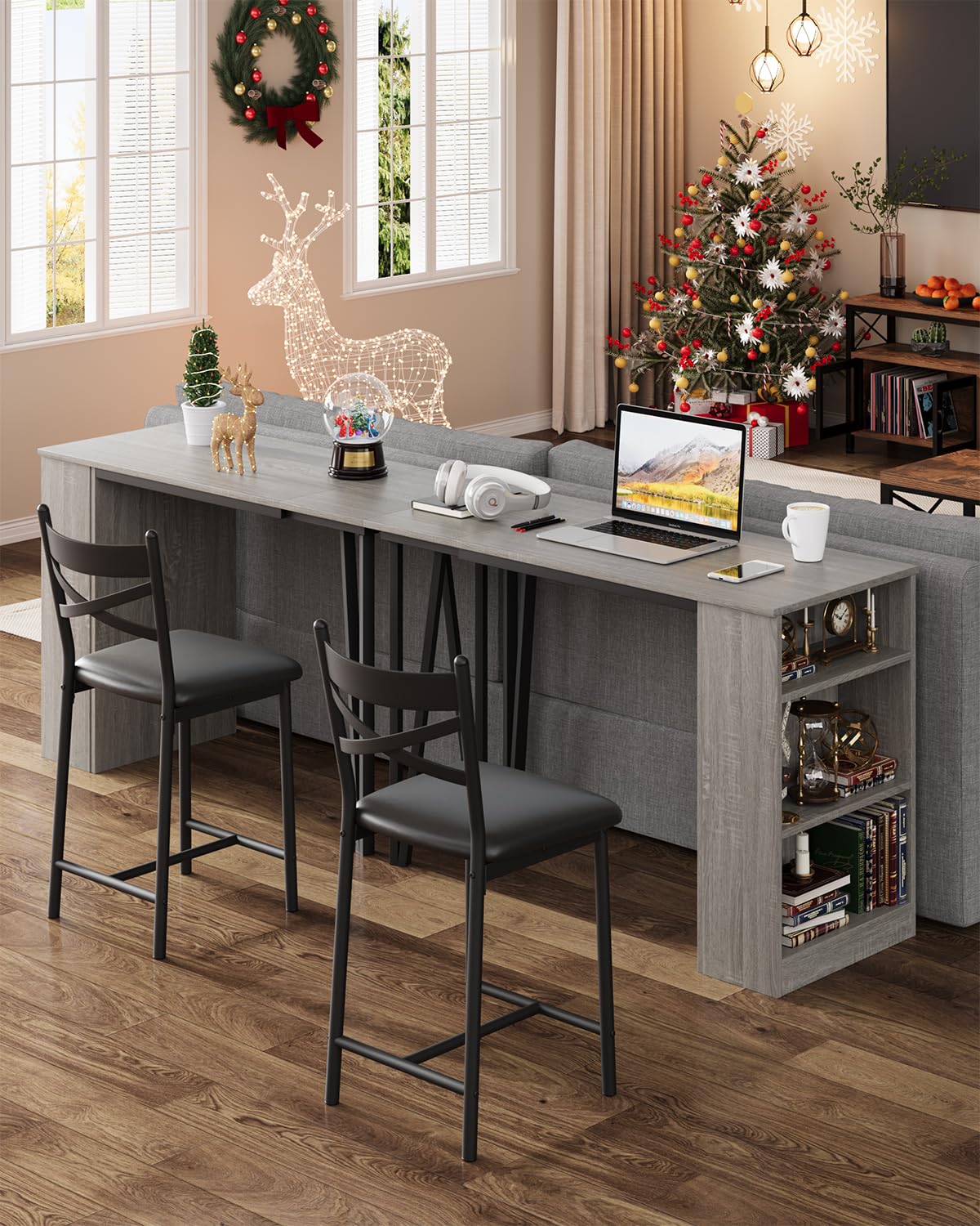 Ensemble table de bar extensible Garvee pour 2 à 4 personnes avec coussins de 40 cm de large, structure robuste en MDF, espace de rangement, gris, idéal pour les petits appartements