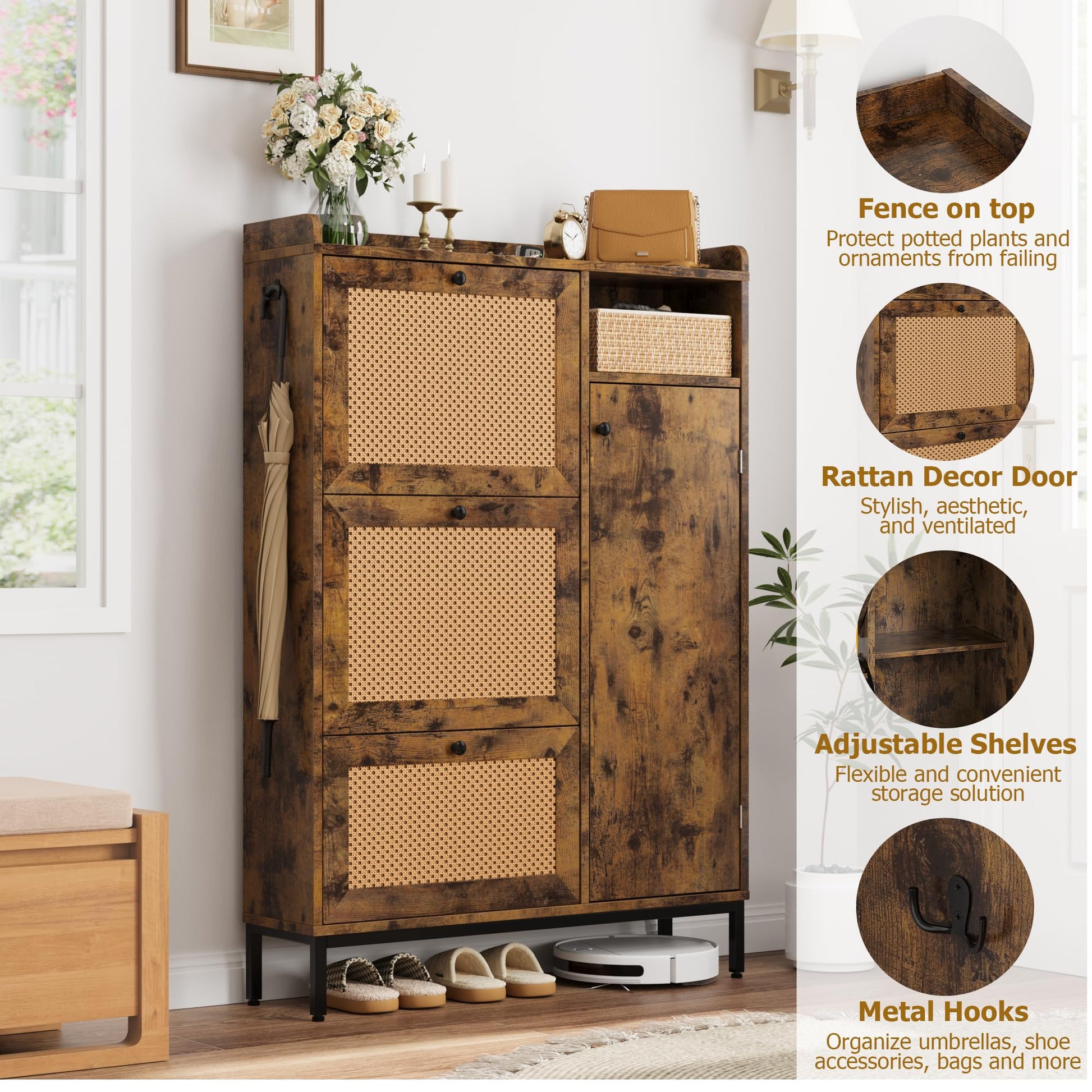 Garvee Meuble à chaussures en rotin avec 3 tiroirs abattants et 4 niveaux de rangement pour entrée et couloir, en MDF et métal, étagères réglables, robuste, grand format, couleur naturelle
