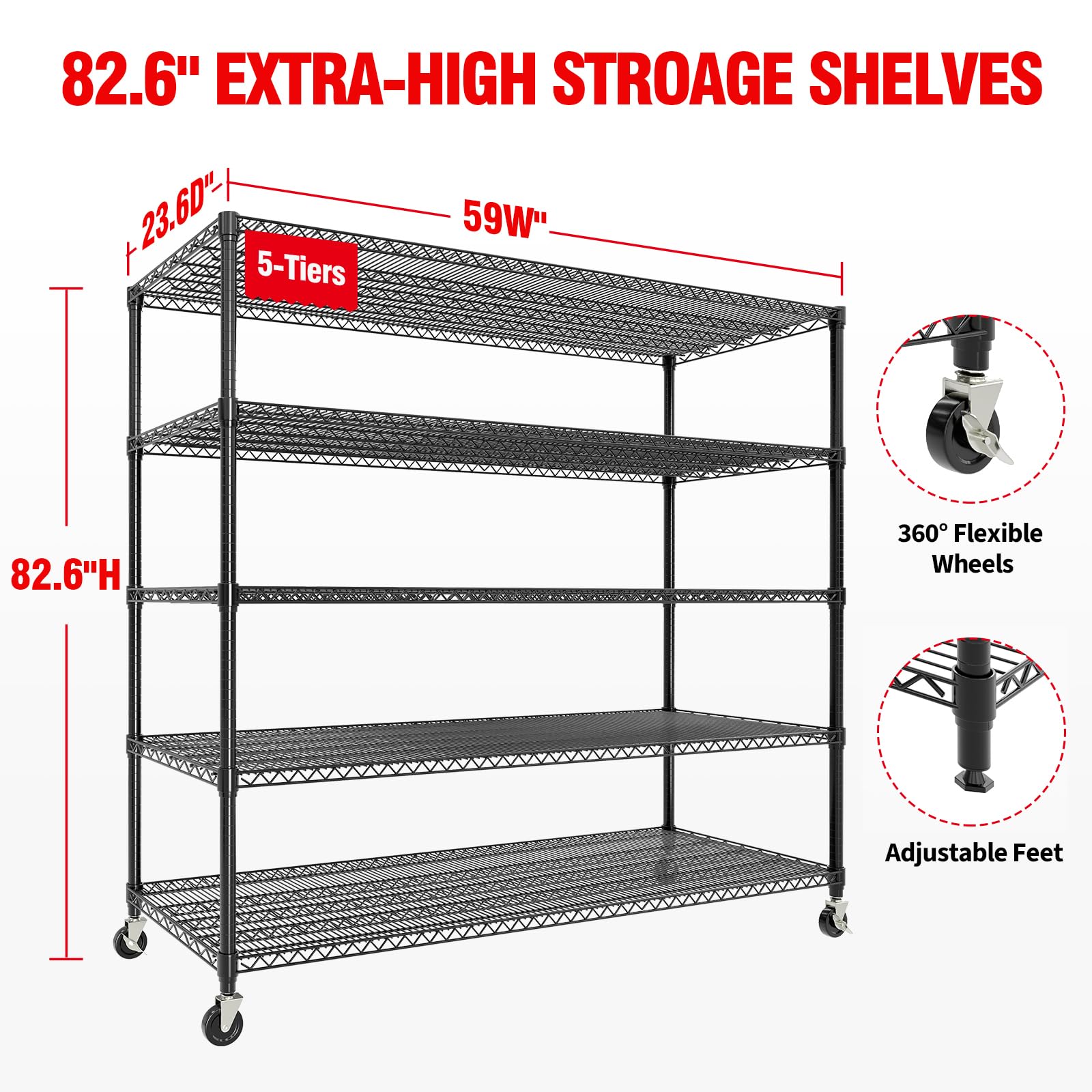 Étagère métallique robuste Garvee, 5 niveaux, capacité de charge de 1500 kg, hauteur réglable, acier, roulettes et pieds fixes pour garage et entrepôt, grand format, couleur acier