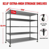Étagère métallique robuste Garvee, 5 niveaux, capacité de charge de 1500 kg, hauteur réglable, acier, roulettes et pieds fixes pour garage et entrepôt, grand format, couleur acier