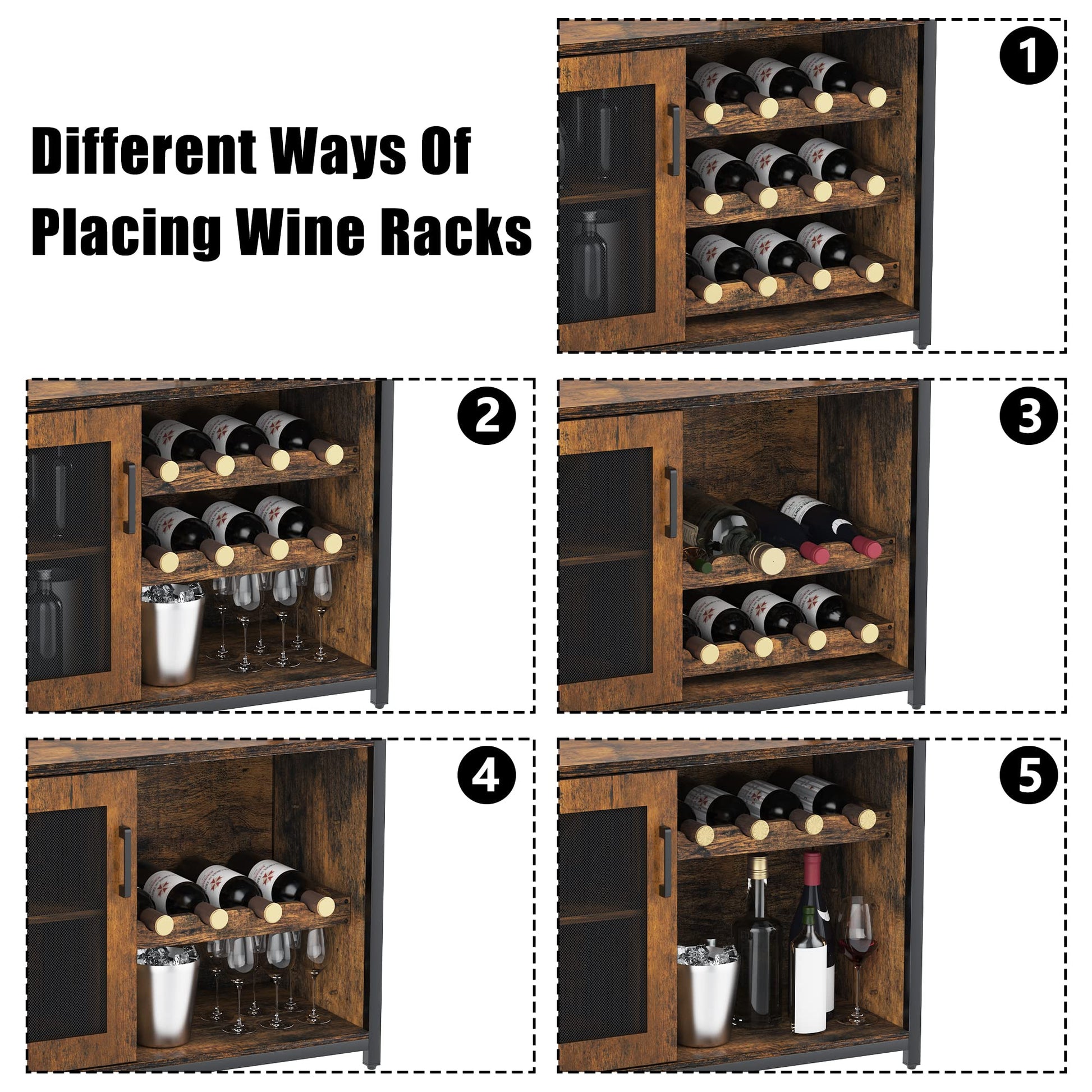 Meuble bar à vin Garvee à 3 niveaux avec casier à bouteilles amovible, porte-verres et porte grillagée pour cuisine et salon, 69 cm L x 35 cm P x 92 cm H, MDF et fer, polyvalent