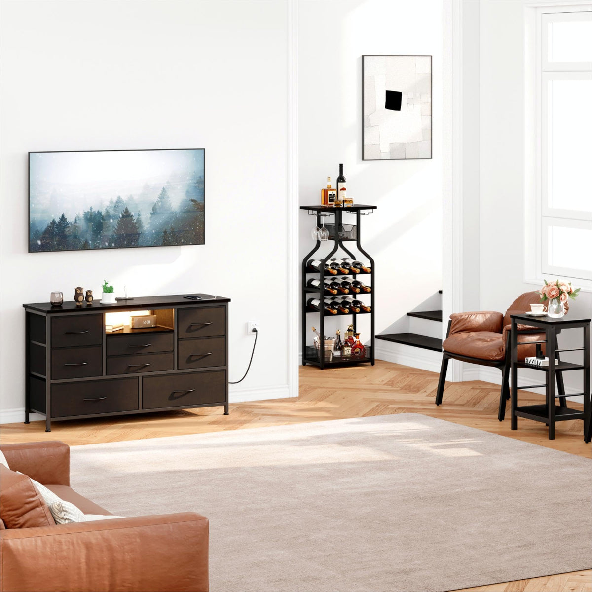 Garvee Meuble TV à 8 tiroirs avec éclairage LED et prise électrique pour salon et chambre, en MDF, grand format, léger, avec système de gestion des câbles