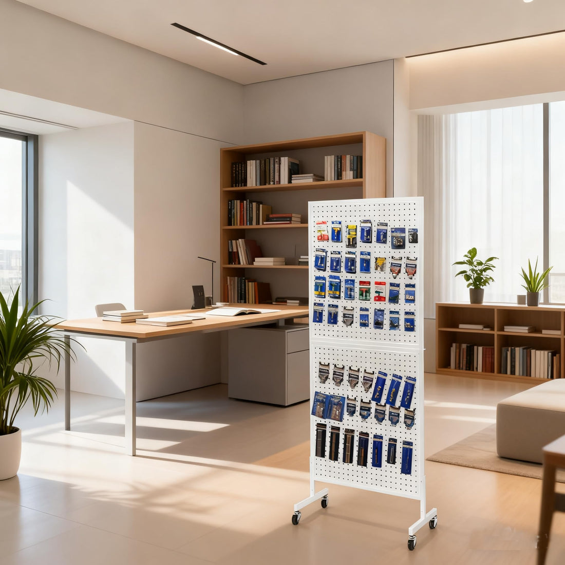 GARVEE Présentoir mobile à panneau perforé 61 × 152 cm, base en T avec roulettes, structure en fer robuste, double face avec crochets inclus, idéal pour magasin, stand et salon professionnel