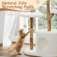 Arbre à chat Garvee moderne en bois véritable pour grands chats, bois de poirier de luxe, 109 cm, blanc, pour salon, avec poteaux à griffer et tapis résistants aux intempéries
