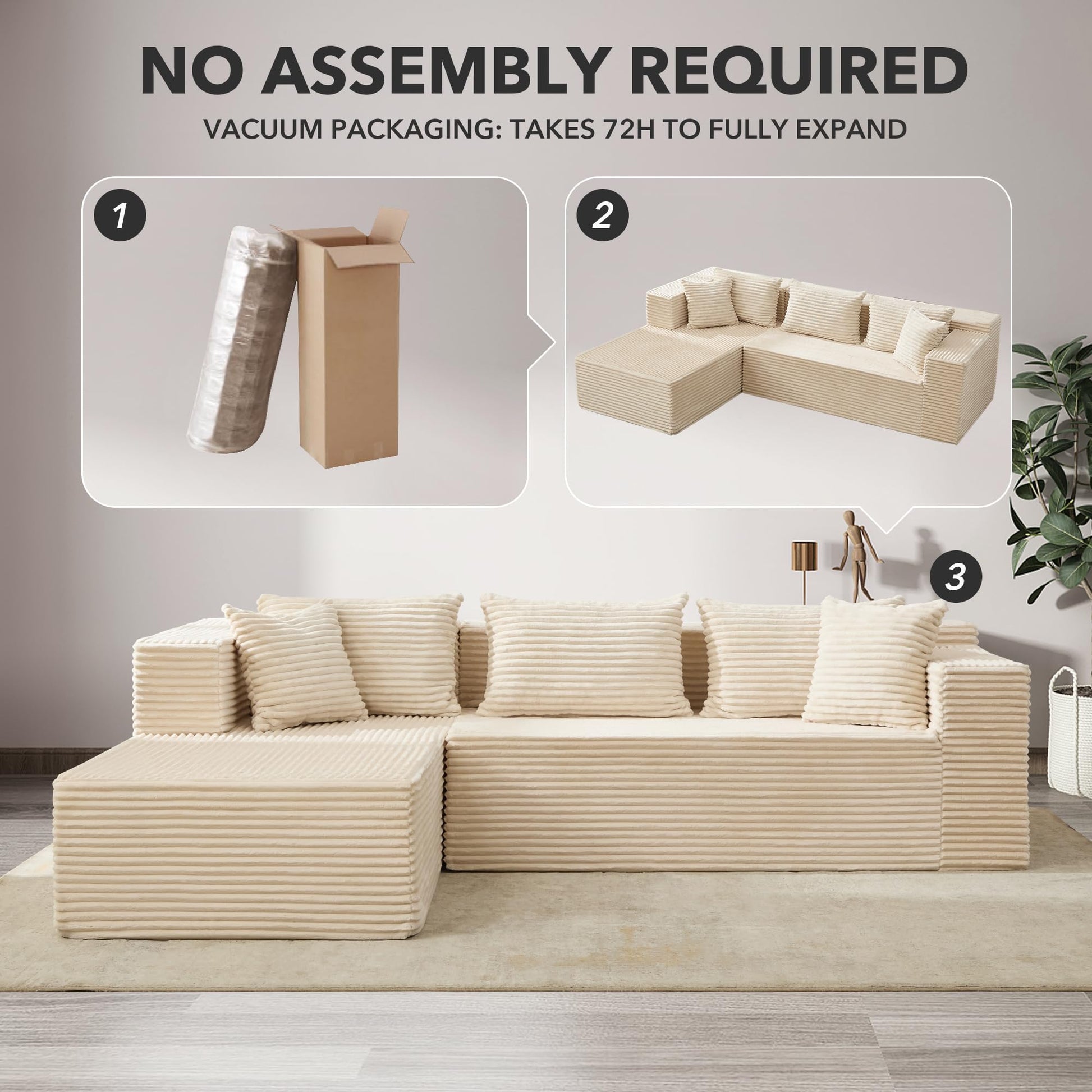 Canapé d'angle modulable Garvee Cloud Couch 269 cm (106 po) avec assise profonde de 41,4 cm (16,3 po) et méridienne de 93,2 cm (36,7 po), revêtement en velours côtelé, structure sans armature, 5 coussins, salon, beige