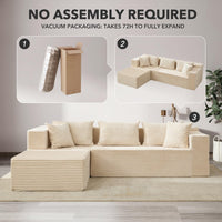 Canapé d'angle modulable Garvee Cloud Couch 269 cm (106 po) avec assise profonde de 41,4 cm (16,3 po) et méridienne de 93,2 cm (36,7 po), revêtement en velours côtelé, structure sans armature, 5 coussins, salon, beige
