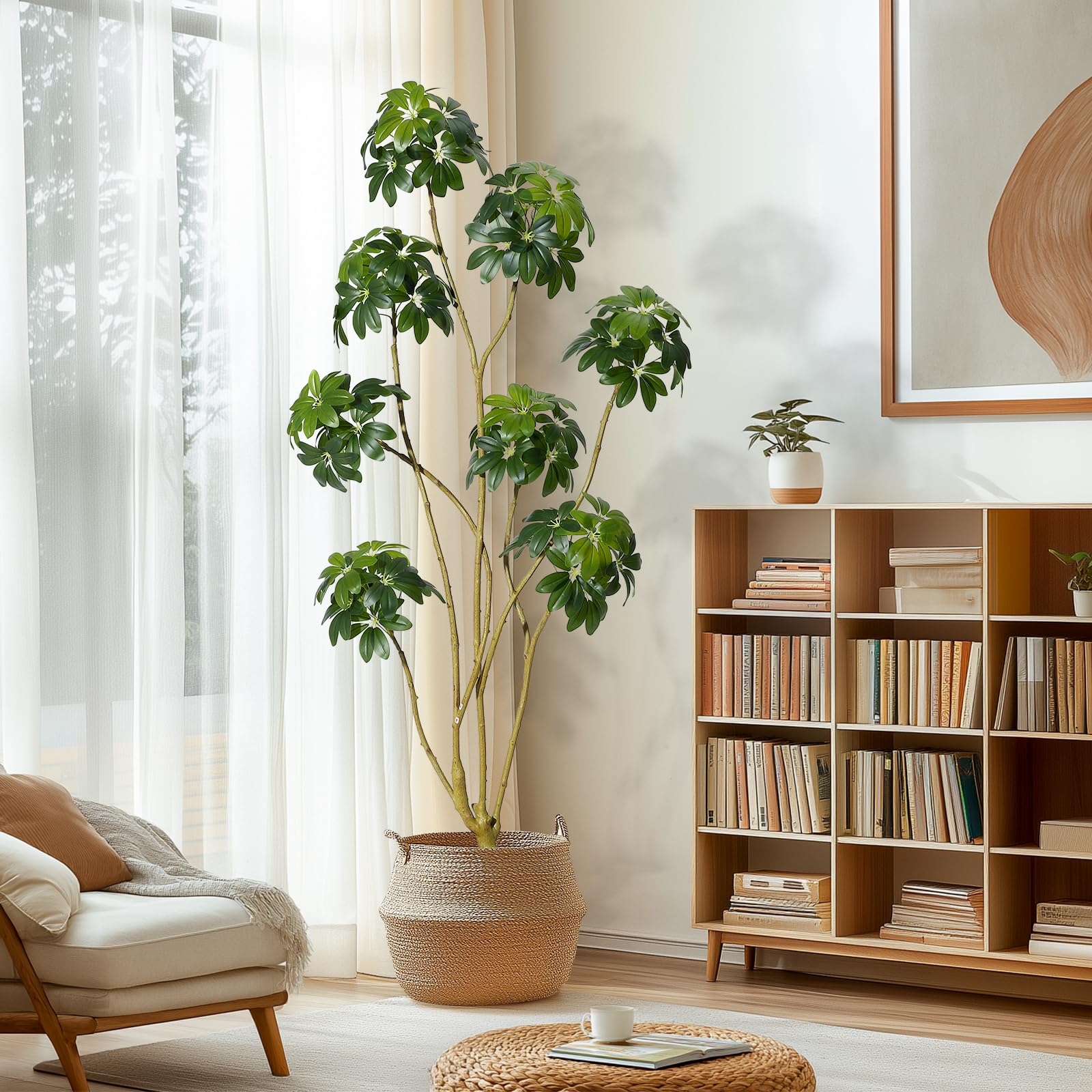 Arbre parasol artificiel Garvee de 1,83 m (6 pi) de haut, plusieurs tiges, pot en PE blanc, pour la décoration de la maison et du bureau, 178 x 70 cm (70 x 27,5 po).