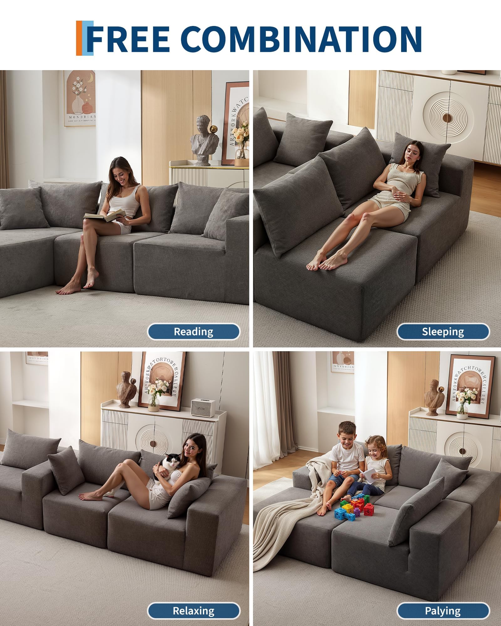 Canapé d'angle modulaire Garvee Cloud 108" avec méridienne, structure sans ossature, revêtement en polymère, gris, pour salon