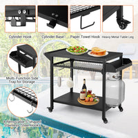 Chariot de barbecue d'extérieur Garvee avec support pour four à pizza, étagères en maille réglables, acier thermolaqué, 4 roues, jardin et camping, 105 x 50 x 81 cm, noir