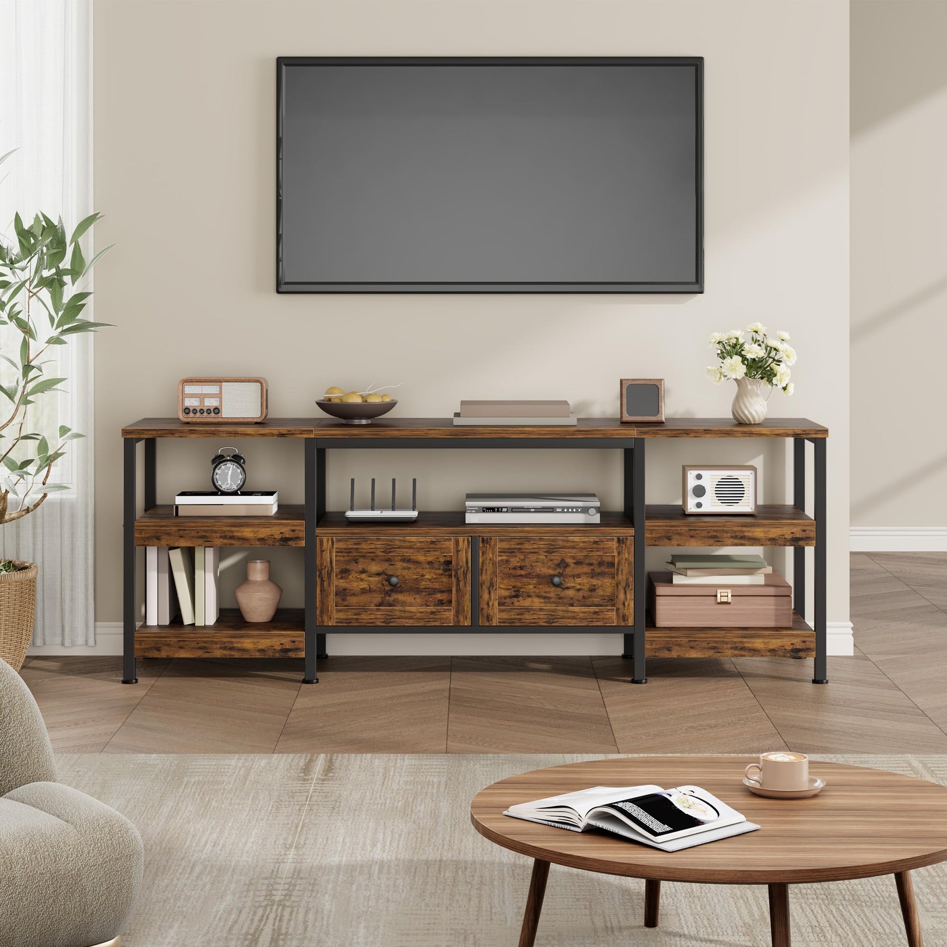 Meuble TV rustique Garvee 63" pour téléviseurs jusqu'à 65" avec 2 tiroirs et étagères ouvertes, style industriel, marron, pour salon et bureau