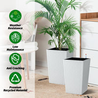 Garvee Ensemble de jardinières 40 cm en rotin synthétique, indicateur de niveau d'eau + roulettes, couleur blanche, résistant aux intempéries, parfait pour terrasse et salon