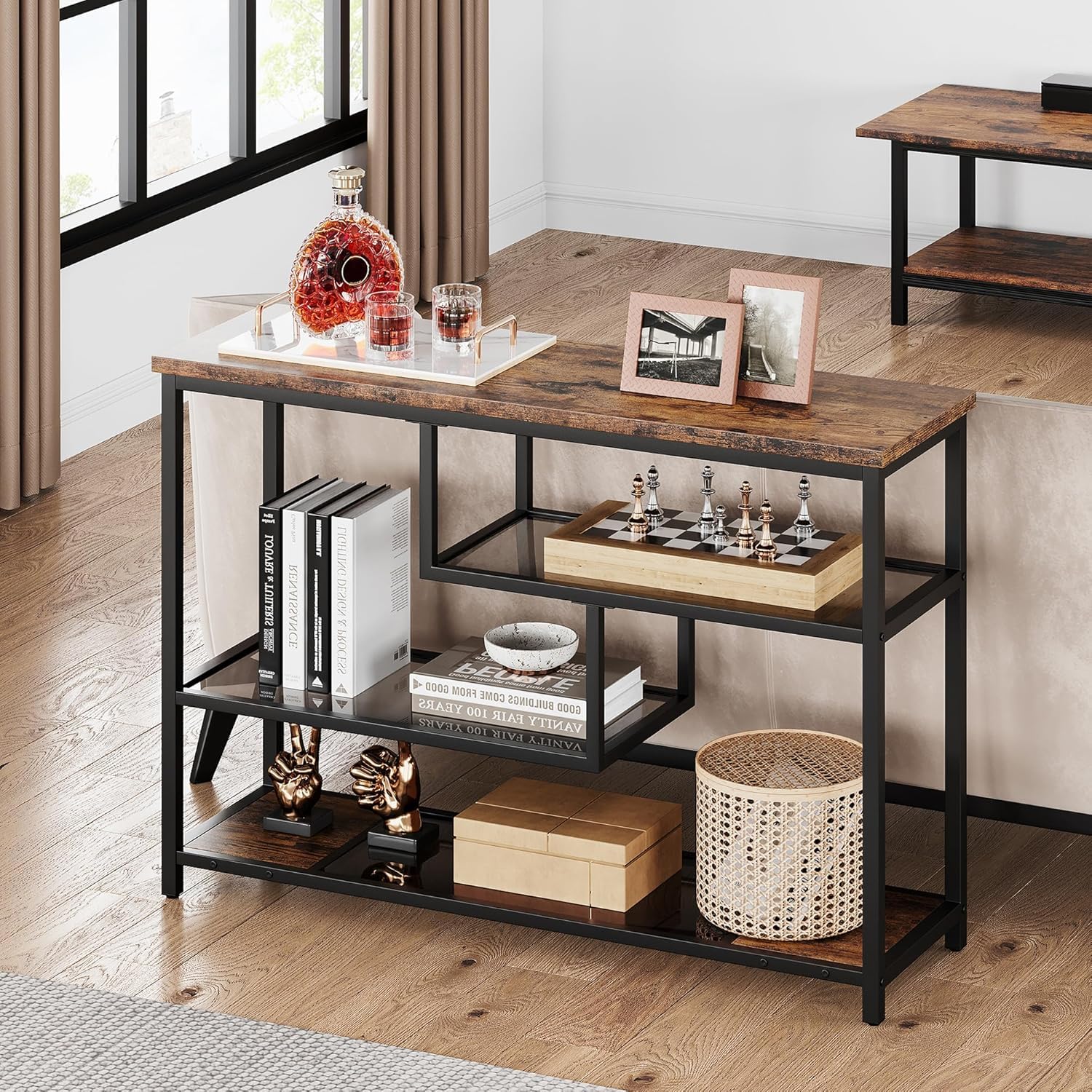 Garvee console à 4 niveaux avec étagère en verre et structure en métal, idéale pour l’entrée et le salon, 100 × 30 × 75 cm, rétro rustique