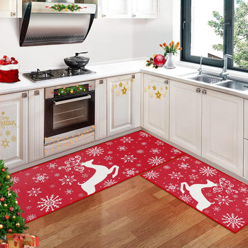Garvee Sneeuwvlok Eland Kerst Keukentapijt Set 2 Antidérapant Lavable Hiver Rouge 40x60+40x120 cm Décoration de Noël Maison