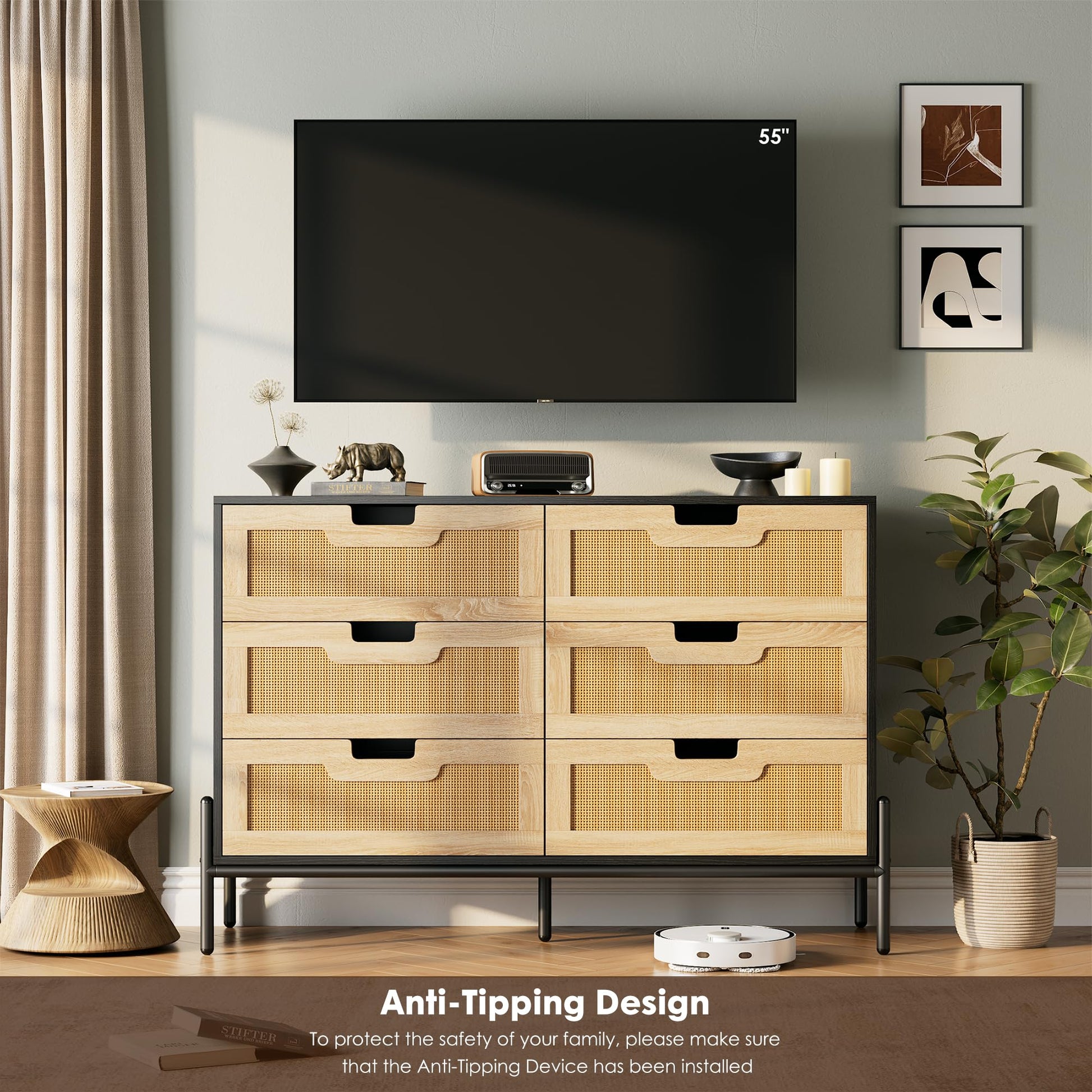 Garvee commode en rotin naturel à 6 tiroirs, pieds en bois et métal, idéale pour la chambre et le salon, imperméable et résistante