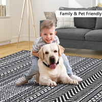 Tapis marocain bohème GARVEE 160x230cm Noir, déperlant, à poils courts, résistant aux taches et à l'huile, lavable, salon et chambre