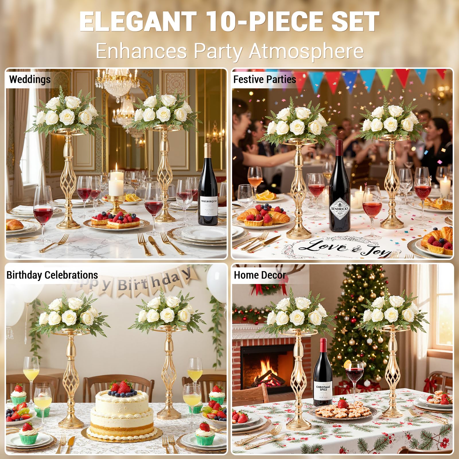 Supports à fleurs en métal Garvee, lot de 10, décoration de table de mariage, élégants modèles rotatifs, métal et cristal, antirouille, pour les fêtes et la maison, 52 cm, argent