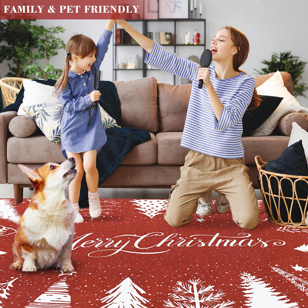 Tapis de Noël lavable Garvee, motif flocons de neige et sapin rouge, 120 x 170 cm, pour salon et chambre