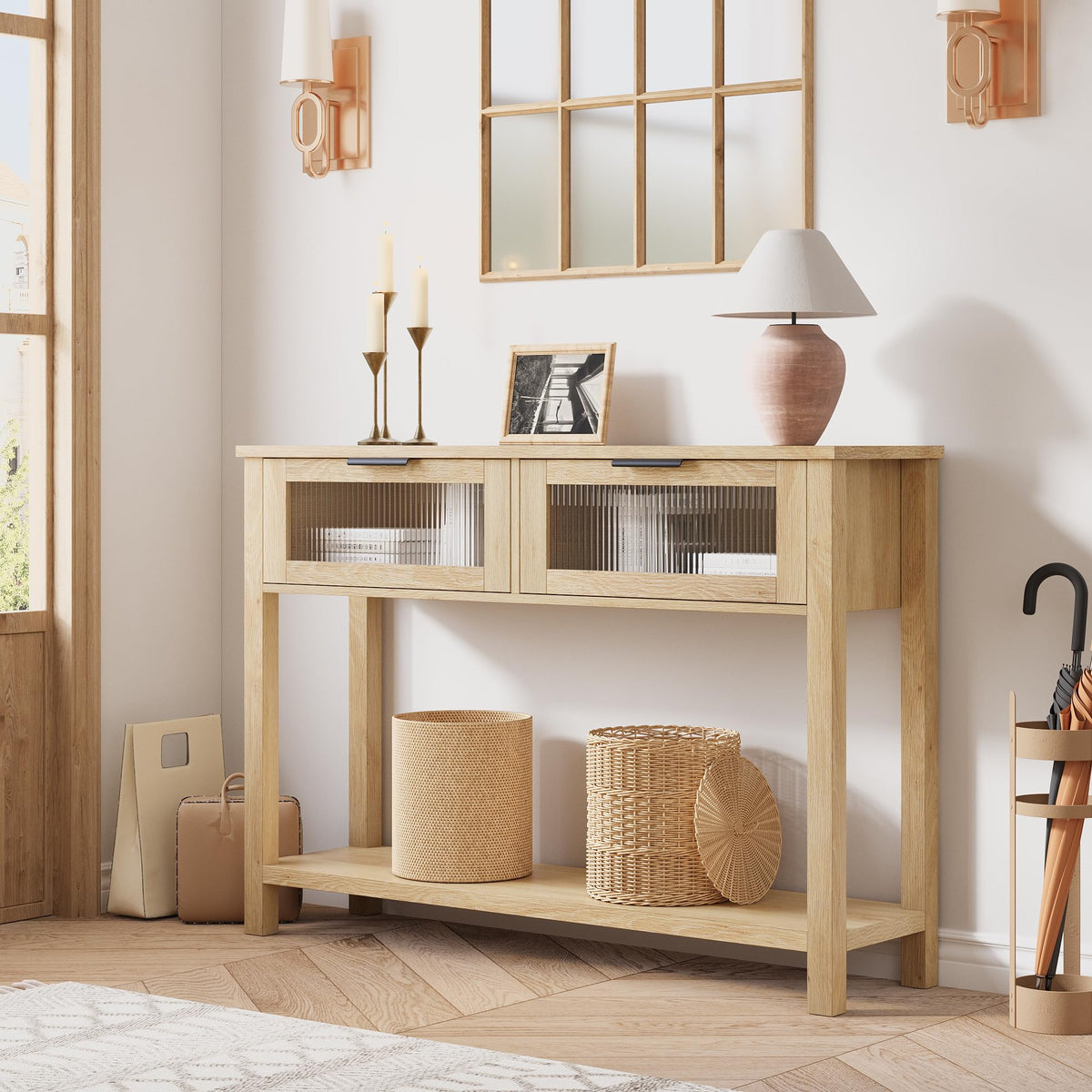 Garvee Console en MDF Bois naturel avec 2 Tiroirs à Façades en Verre, L. 110 × P. 30 × H. 80 cm, Meuble de Rangement pour Salon et Entrée