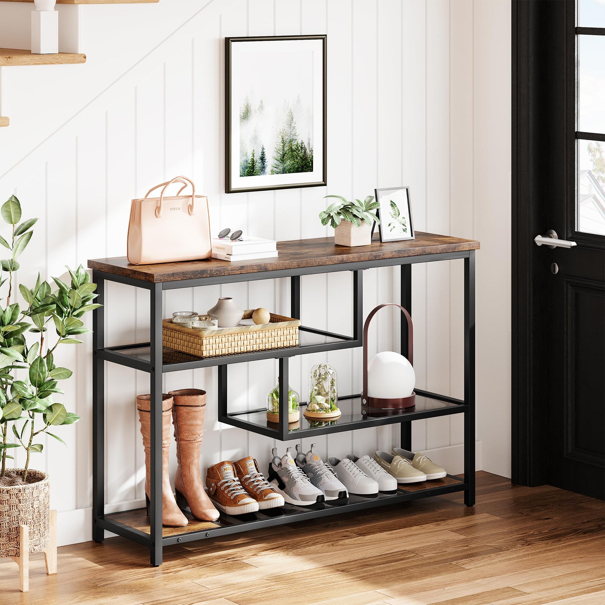 Garvee console à 4 niveaux avec étagère en verre et structure en métal, idéale pour l’entrée et le salon, 100 × 30 × 75 cm, rétro rustique
