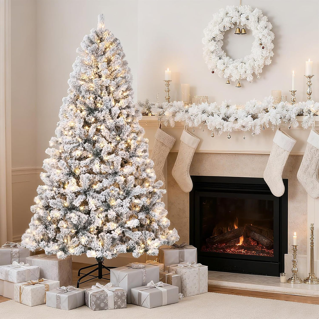 Sapin de Noël artificiel Garvee 183 cm – Aspect givré naturel, LED blanc chaud, socle en métal pour grandes pièces