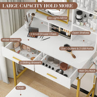 Meuble de coiffure moderne Garvee avec miroir pivotant à 360°, ports USB, 2 tiroirs, bois, tabouret confortable pour chambre et dressing, noir et blanc