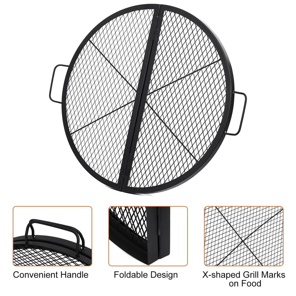 Grille de barbecue pliable Garvee X-Marks en acier robuste, idéale pour le camping et les grillades en extérieur. Grande surface de cuisson, résistante à la chaleur jusqu'à 600 °C, avec poignées.
